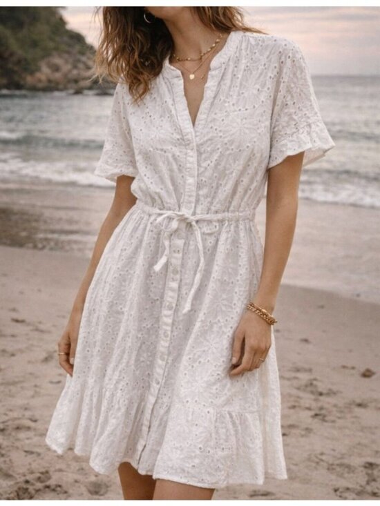 Dress Nado Dresses & Skirts - Dress Nado White Eyelet Tie Waist Midi Dress Size M Short Sleeve